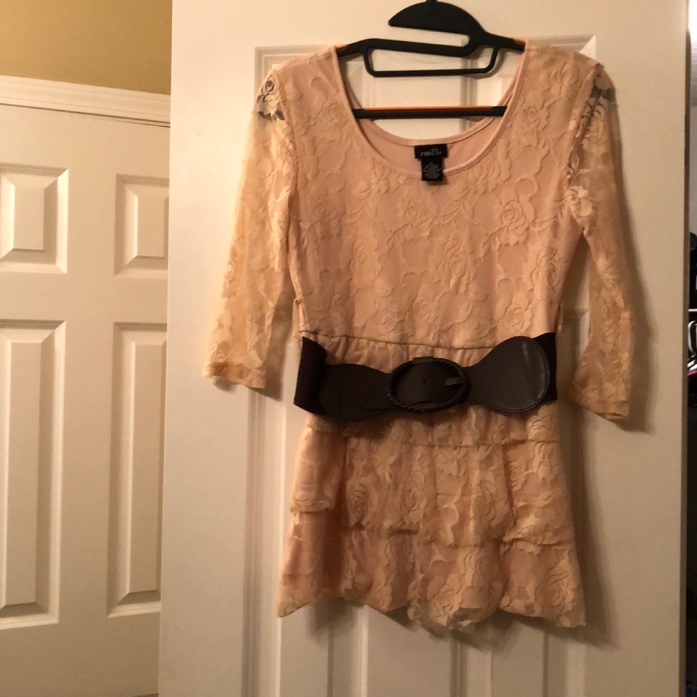 Pink lace tunic with brown belt